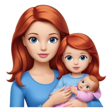 A barbie girl with makeup with brown hair with a baby, a daughter, a girl with red hair, holding her hand in blue clothes sticker