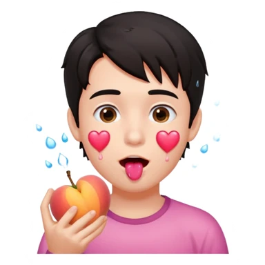 Cute boy, grown out dark hair, eating a peach, pink hearts floating , water dripping from mouth sticker