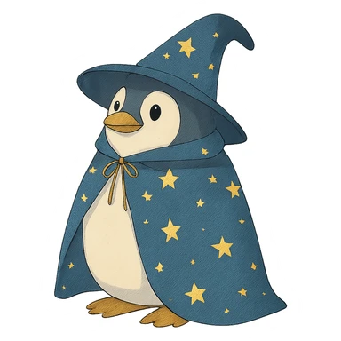 penguin wizard with a starry cloak and pointed hat sticker