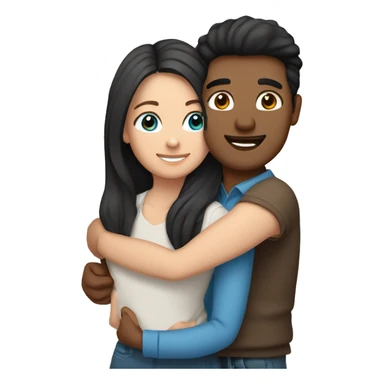 Friends hugging each other. Indian man with black hair. White woman, blue eyes and long light brown hair sticker