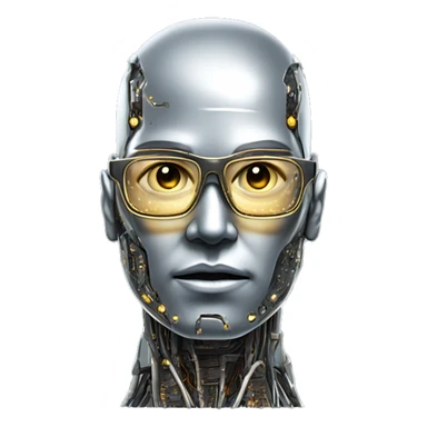 Male cyborg head with metallic skin, flat top, rectangular glasses and circuits sticker