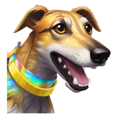  brindle brown black maroon striped lurcher Alsatian fox running blue eyes and iridescent holographic oilslick harness wearing paper iridescent tropical flower crown yellow caution tape sticker