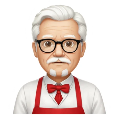 Colonel Sanders KFC, old man with white hair and white goatee, wearing black square glasses, white T-shirt and red apron sticker