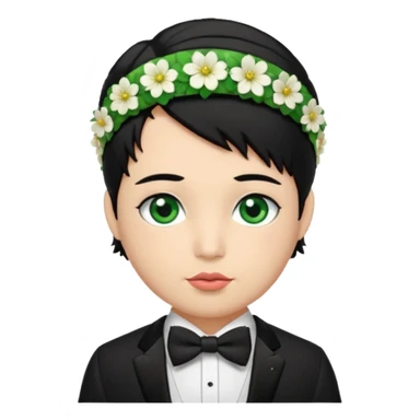 black haired green eyes very plump lips and floral headband that makes his hair look behind nicole peltz at wedding sticker