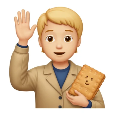 Create an Apple emoji style character inspired by the reference images. The character should have a slouching posture, chin sticking out, grimacing expression, full body, 3/4 angle, and be waving a biscuit. No text included. sticker