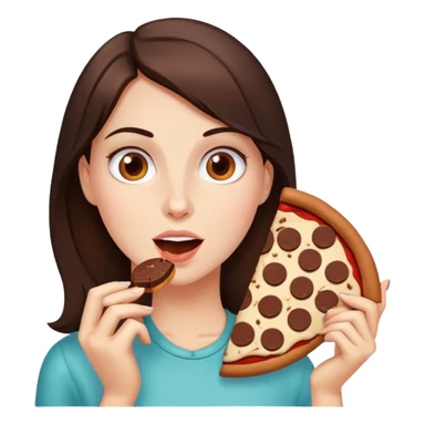 A brunette adult eating chocolate pizza sticker