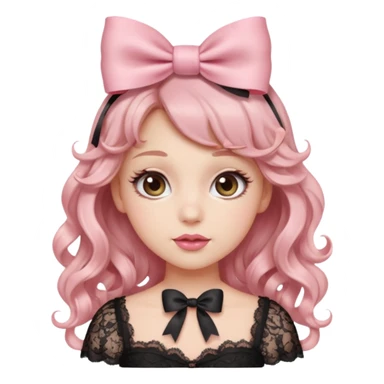 “Emoji girl, doe eyes, long fluttery lashes, soft pink blush, glossy rose lips, ribbon hair bow, romantic curls, wearing lace top.” sticker