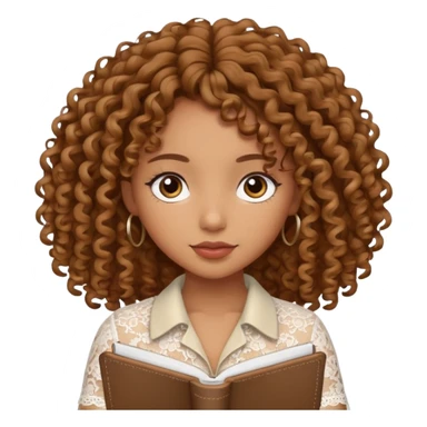 Brown girl with curly hair writing in girly lace notebook sticker