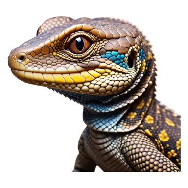 Cinematic Cute brown camo spotted monitor Lizard Portrait Emoji, Head tilted playfully and inquisitively, with a sleek, patterned body accented by vibrant hues and round, sparkling eyes full of wonder, Simplified yet irresistibly adorable features, highly detailed, glowing with a warm, friendly glow, high shine, affectionate and lively, stylized with a touch of exotic charm, bright and endearing, soft glowing outline, capturing the essence of a mischievous yet captivating lizard that seems as if it could scuttle out of the screen into your arms! sticker