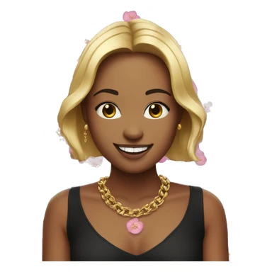 smiling with teeth, wearing a black blouse with a pattern of small pink flowers, a gold chain with a round pendant around her neck. sticker