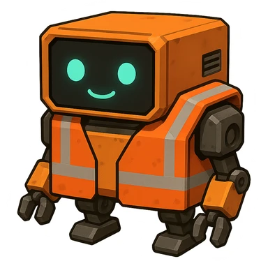 worker drone, compact, boxy shape, orange safety vest, simple face display sticker