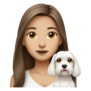 beautiful woman, straight long medium brown hair, brown eyes With white Maltese dog sticker