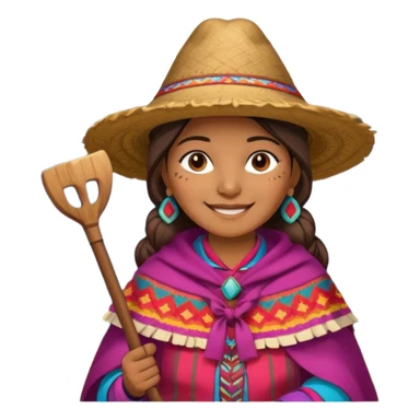 3D emoji style illustration of a Peruvian Andean farmer (woman), wearing traditional chullo hat and poncho, holding a hoe, smiling, mountains in background, bright natural colors, bold outlines, glossy sticker style, transparent background sticker