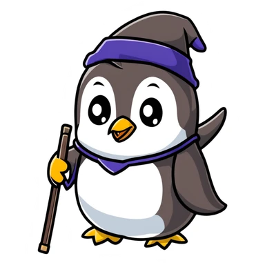 a penguin wizard with a staff and hat sticker