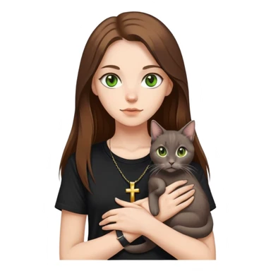A pretty white girl with very long brown hair and green eyes in a black T-shirt with a pendant in the form of a cross, in her hands she holds a gray lop-eared cat with yellow eyes sticker