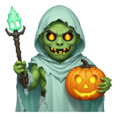 male orc warrior ghost emoji, green skin, wearing torn white ghost sheet costume, holding glowing jack-o'-lantern, faint blue aura, friendly but spooky expression, Halloween fantasy theme, Apple emoji style, clean white background, square sticker