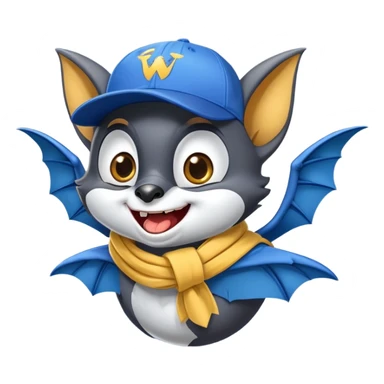 Friendly flying fox bat mascot with cheerful mischievous expression, large spread wings, big expressive eyes with playful glint, smiling mouth showing small fangs, wearing yellow and blue scarf wrapped around neck, blue baseball cap tilted to one side, dark grey body with white highlights, circular composition sticker