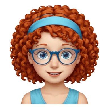 redhead kid with unique face features and very curly hair kid girl happy and big glasess and big nose and very blue eyes and headband with freckles sticker