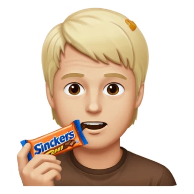 men with blond hairs eat a snickers sticker