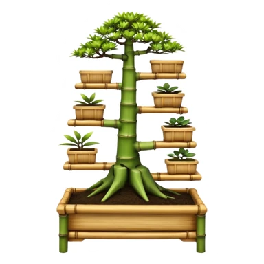 Wide Three tiered bonsai planters stand, shelving holding nine specimens and several small ones , frame made of one inch thick bamboo  sticker