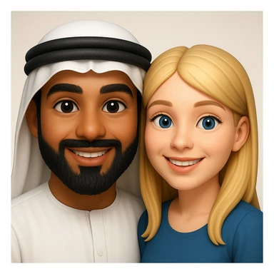 Сгенерируй мне в стиле детализированного емодзи пару, где мужчина с черной бородой и в арабском одеянии и чуть со смуглой кожей, а девушка чистая славянка, блондинка  sticker