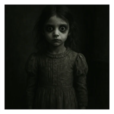 creepy girl, wide eyes, old-fashioned dress, ghostly appearance, dim lighting sticker