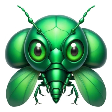 Cinematic Noble Green Bugdie Portrait Emoji, Poised and regal, with a tiny, delicate build and a vibrant, well-detailed emerald exoskeleton, deep-set soulful multifaceted eyes, Simplified yet sharp and sophisticated features, highly detailed, glowing with a soft, dignified glow, high shine, intelligent and alert, stylized with an air of miniature majesty, focused and attentive, soft glowing outline, capturing the essence of a watchful and confident insect, so majestic it feels as though it could scuttle out of the screen with effortless authority! sticker