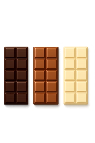 3 emoji stile iphone di BARRETTE DI CIOCCOLATO, UNA FONDENTE, UNA AL LATTE E UNA BIANCA, CON OMBRA REALISTICA, VISTE DALL'ALTO, IPERREALISTICO 4K sticker