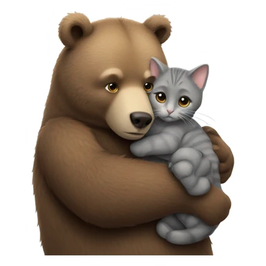 brown bear cub hugs gray cat sticker