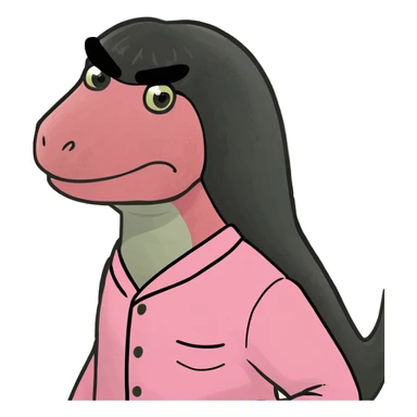 Dinosaur wearing pink pjs and long black wig in a bed sticker