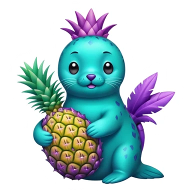 seal that is completely teal-colored holding a pineapple that is completely purple-colored sticker