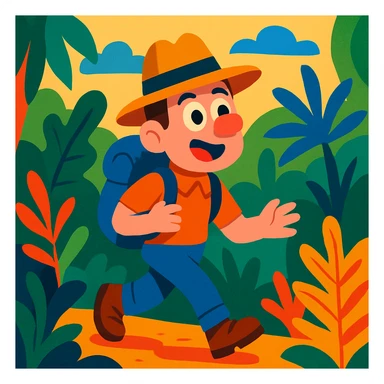 cartoon explorer with a hat and backpack, vibrant colors, jungle setting sticker