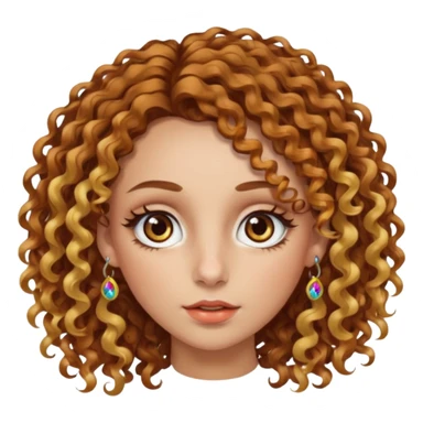 A woman with brown curly hair and blonde highlights side parted with hazel eyes with central heterochromia and a multicoloured nose ring sticker