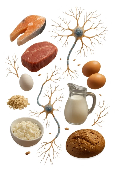 carne, pesce, uova, latticini, cereali integrali fluttuano in aria insieme a neuroni umani anatomici realistici, iperrealistici 4k sticker