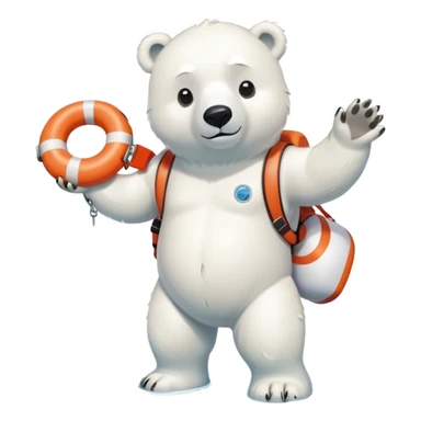 full body friendly anthropomorphised polar bear wearing swim suit and scuba goggles holding life buoy standing in puddle sticker