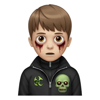 Crie um emoji de um menino com o cabelo castanho claro com uma franja reta e o corte low fade zumbi casaco de gola alta da adidas sticker