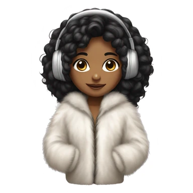A brown Indian girl with big eyes, curly black hair, and Sony white headphones in a fur jacket sticker