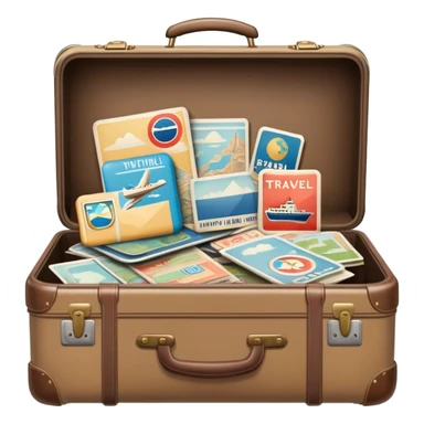 Suitcase with travel stickers, subdued colors, not vivid sticker