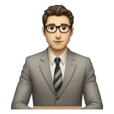 Pale skinned Fit Man With dark brown hair in gray jacket with stripe In the form of emblem Ψ, beige office shirt and vintage glasses Sitting at the table sticker