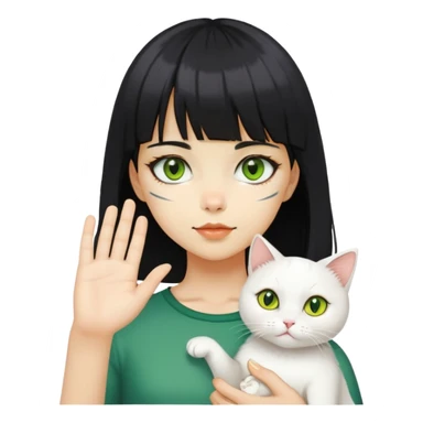 A girl with yellow skin, black medium length hair, bangs, and holding a white cat in her right hand. The cat has one yellow eye and the other green eye sticker
