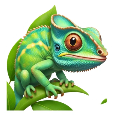 cinematic cute-smiling baby chameleon-realistic emoji,-blending-with-vibrant-greenery.-detailed-scales-in-shifting-colors,-showing-the-chameleon’s-ability-to-camouflage.-soft-natural-light-highlights-its-texture.-light-background, zoomed into its face sticker
