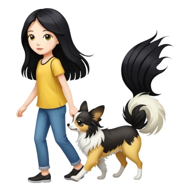 A girl with long black hair walks a yellow and white papillon sticker