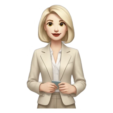pale skin woman with ash blonde Straightened bob Hair, White Spacious classical jacket, beige palazzo Arrow pants and gray blouse holding a color palettes in the hands sticker