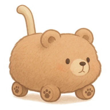 fluffy bear vacuum cleaner, soft brown pastel, full-body, with tiny paw wheels, rolling cutely sticker