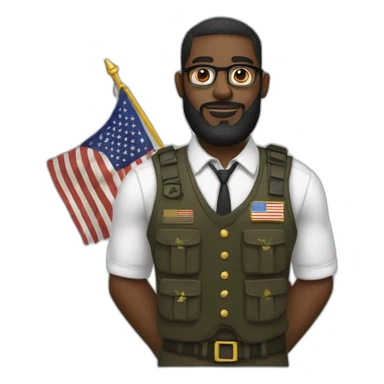 black soldier with a long beard, a part in hair, wearing glasses, a white collared shirt, a bow tie, bulletproof vest with an american flag sticker