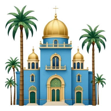 Spanish Colonial Revival building, blue, gold, green tiled dome, slender tower, palm trees, ornate details, simple sticker