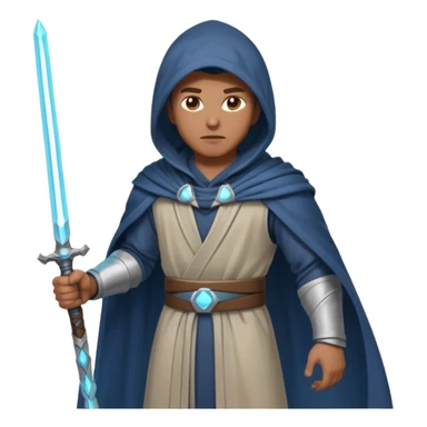 sci-fi space warrior human, glowing energy sword, hooded robe, heroic stance, 3D cartoon, mobile game character icon, clean background, no text
 sticker