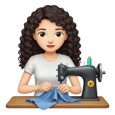 a woman with long curly dark hair sewing clothes wearing a white t shirt sticker