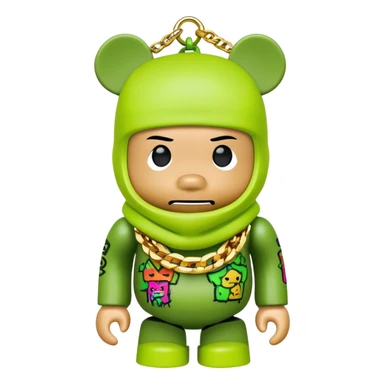 bearbrick toy with cubic head wearing a lime green balaclava covered in multiple brand logos graffiti style, with thick gold chains around neck, gold jewelry, aggressive eyebrows sticker