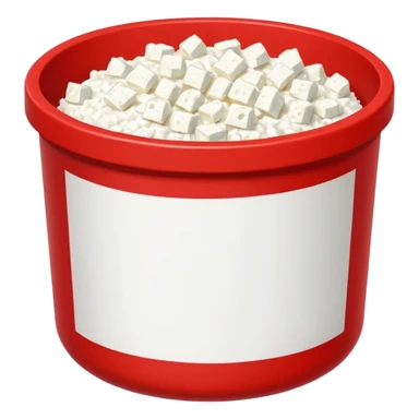 Pixel art Cottagecheese in big chunks in a small red container with one white stripe at top and bottom sticker
